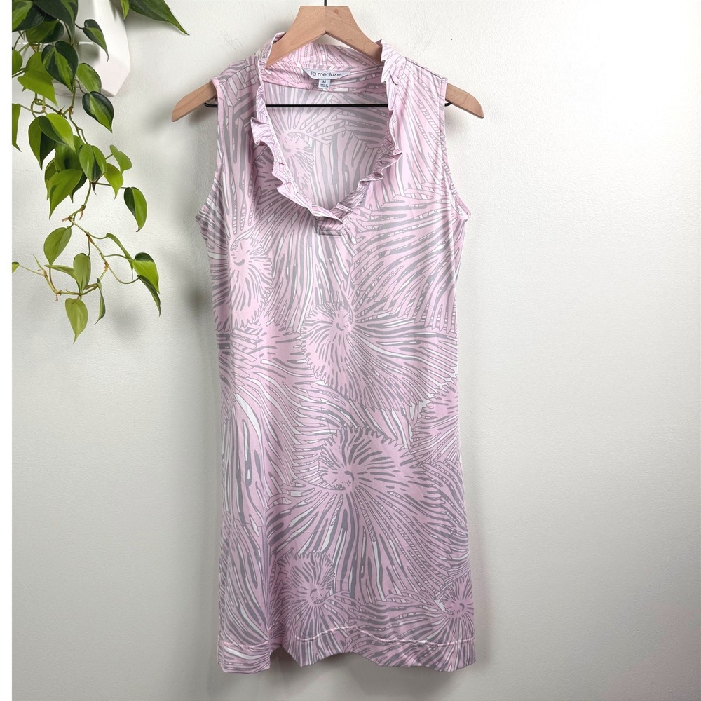 La Mer Luxe Pink White Shell Print Ruffle Neck Sleeveless Shift Dress Womens M